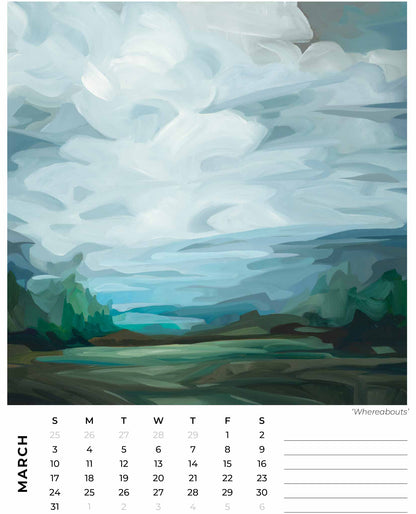 march 2024 month calendar with an abtract landscape painting from Canadian artist Susannah Bleasby