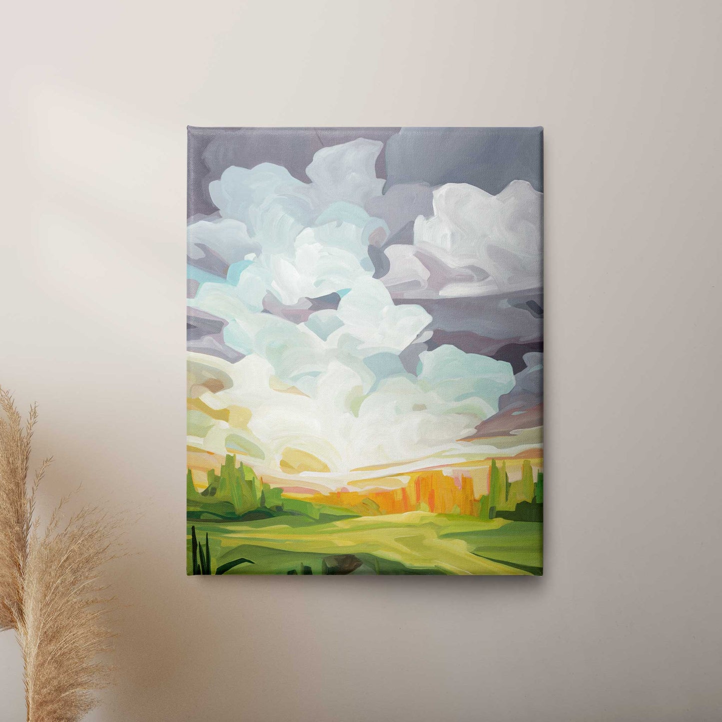 Vertical canvas art print of Canadian abstract artist Susannah Bleasby's mauve sunrise painting Honeymoon