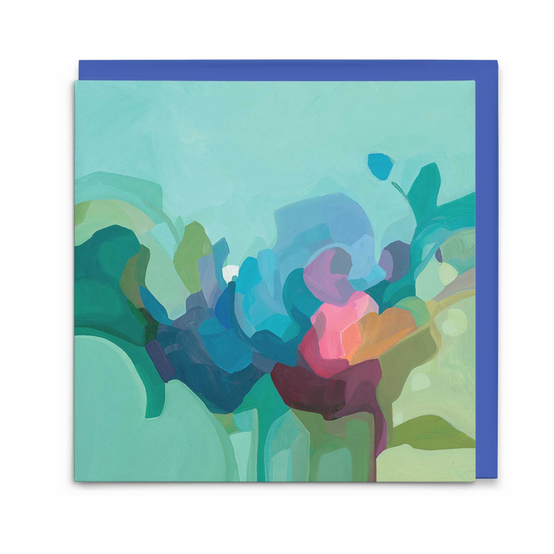 mint green abstract art greeting card with blue envelope