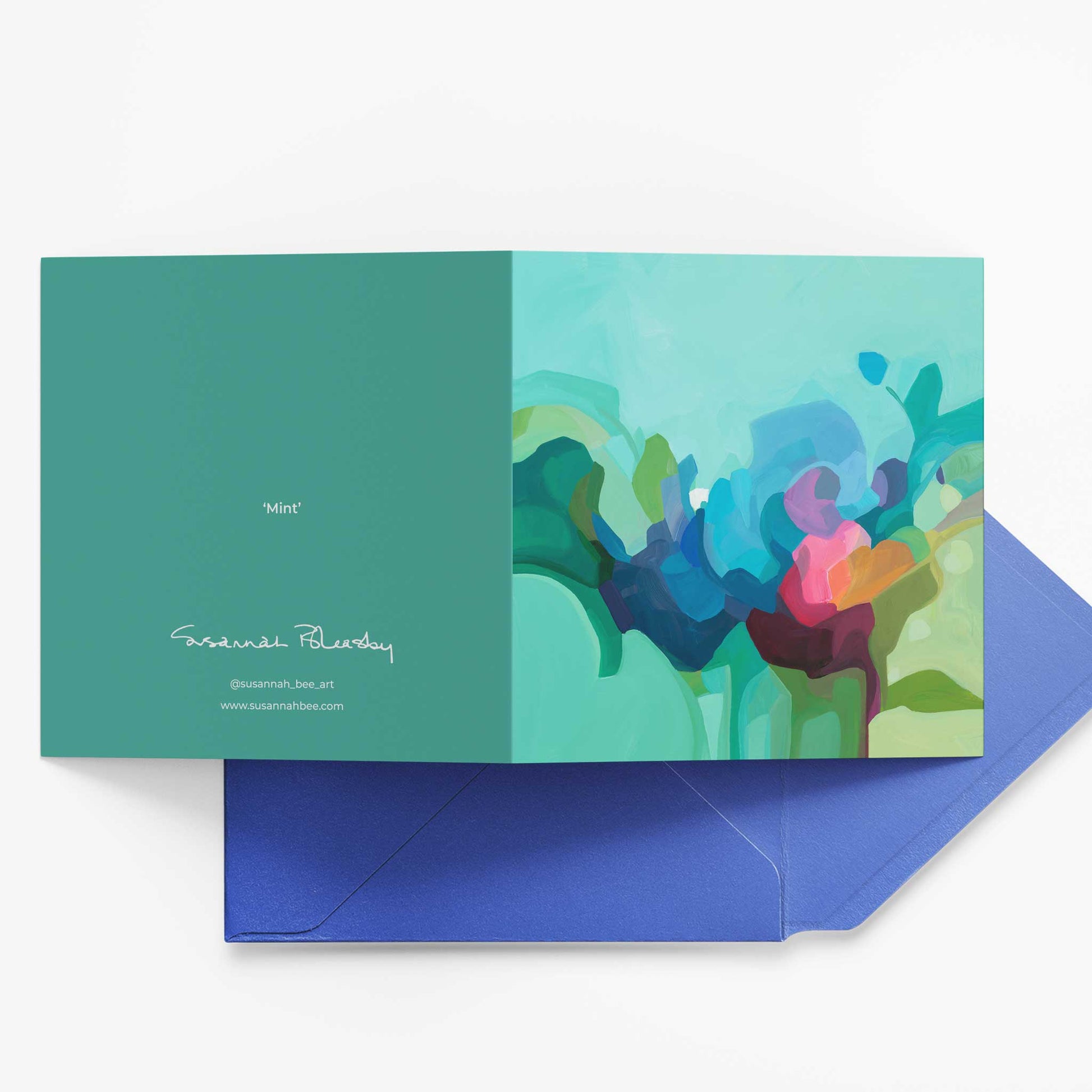 mint green abstract greeting card UK paired with blue ennvelope