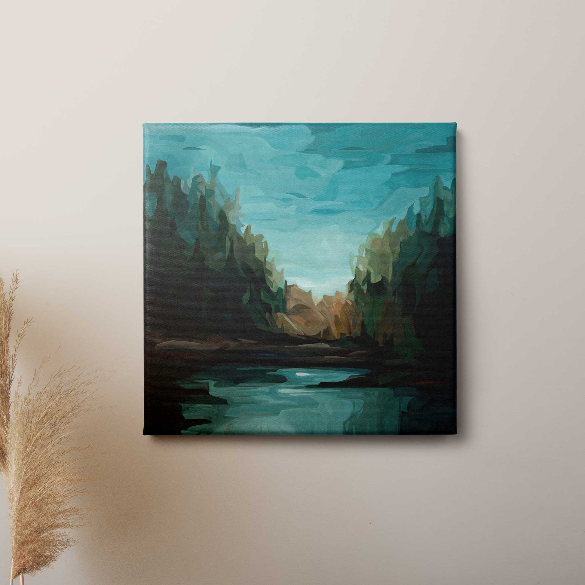 Canvas art print of abstract forest lake painting by Canadian artist Susannah Bleasby
