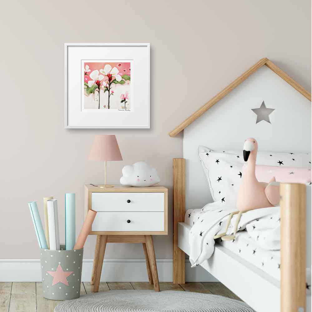 white flower painting wall art print in girl's bedroom