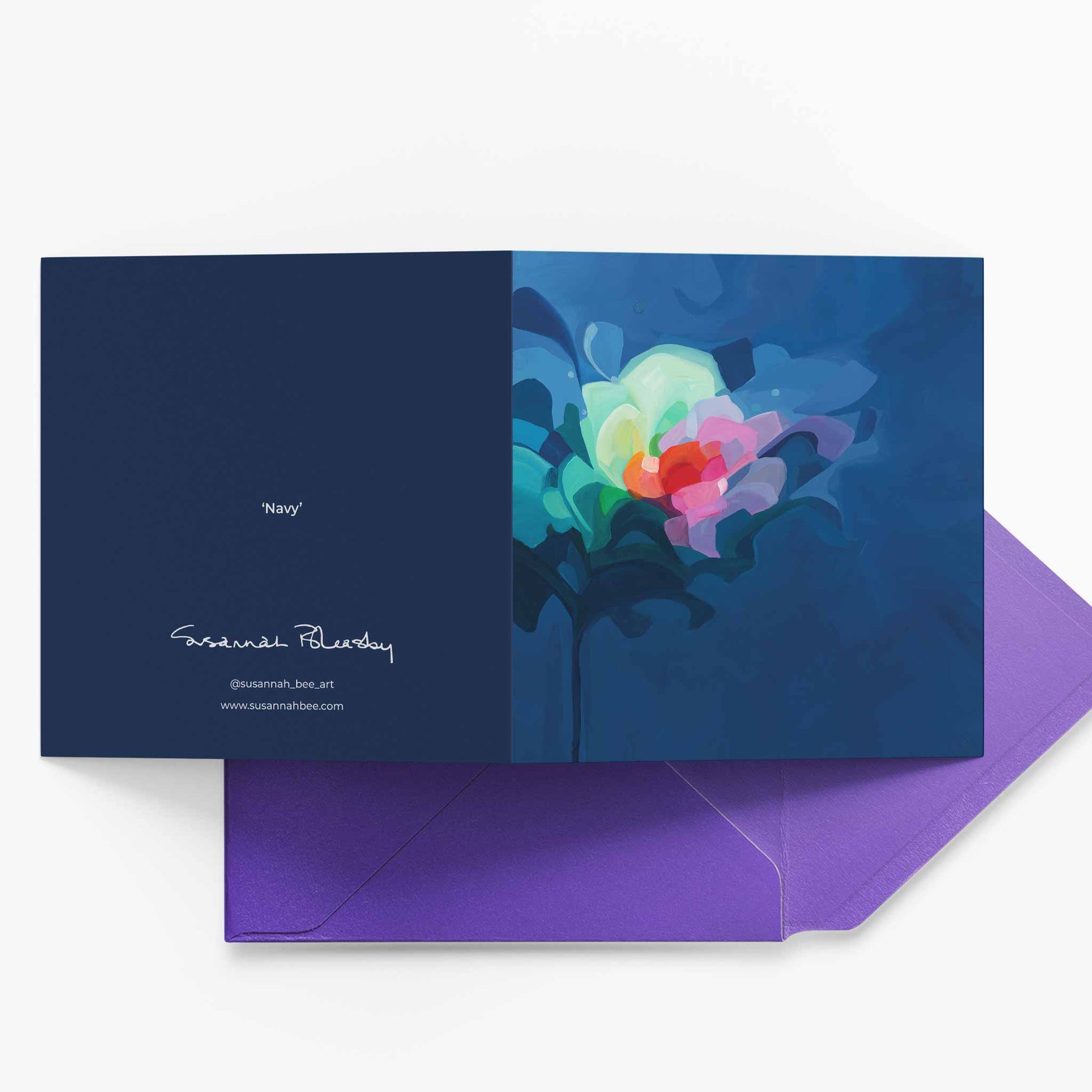 navy abstract greeting card UK paired with purple envelope