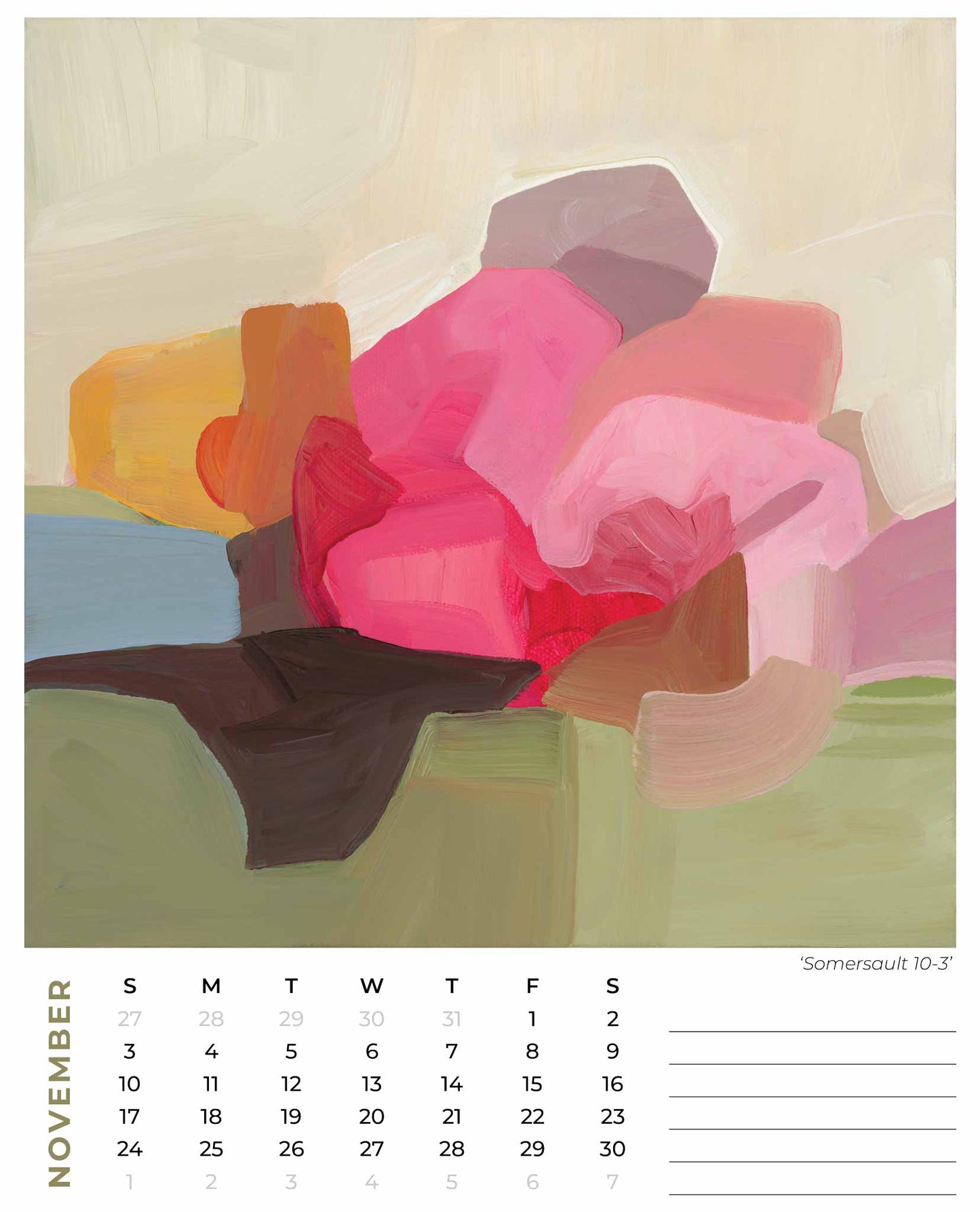 november 2024 calendar month image from monthly wall calendar by Canadian artist Susannah Bleasby