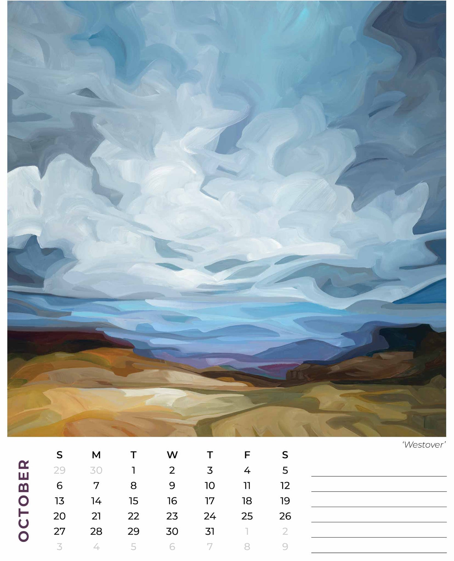 october 2024 monthly calendar from the art calendars of Susannah Bleasby