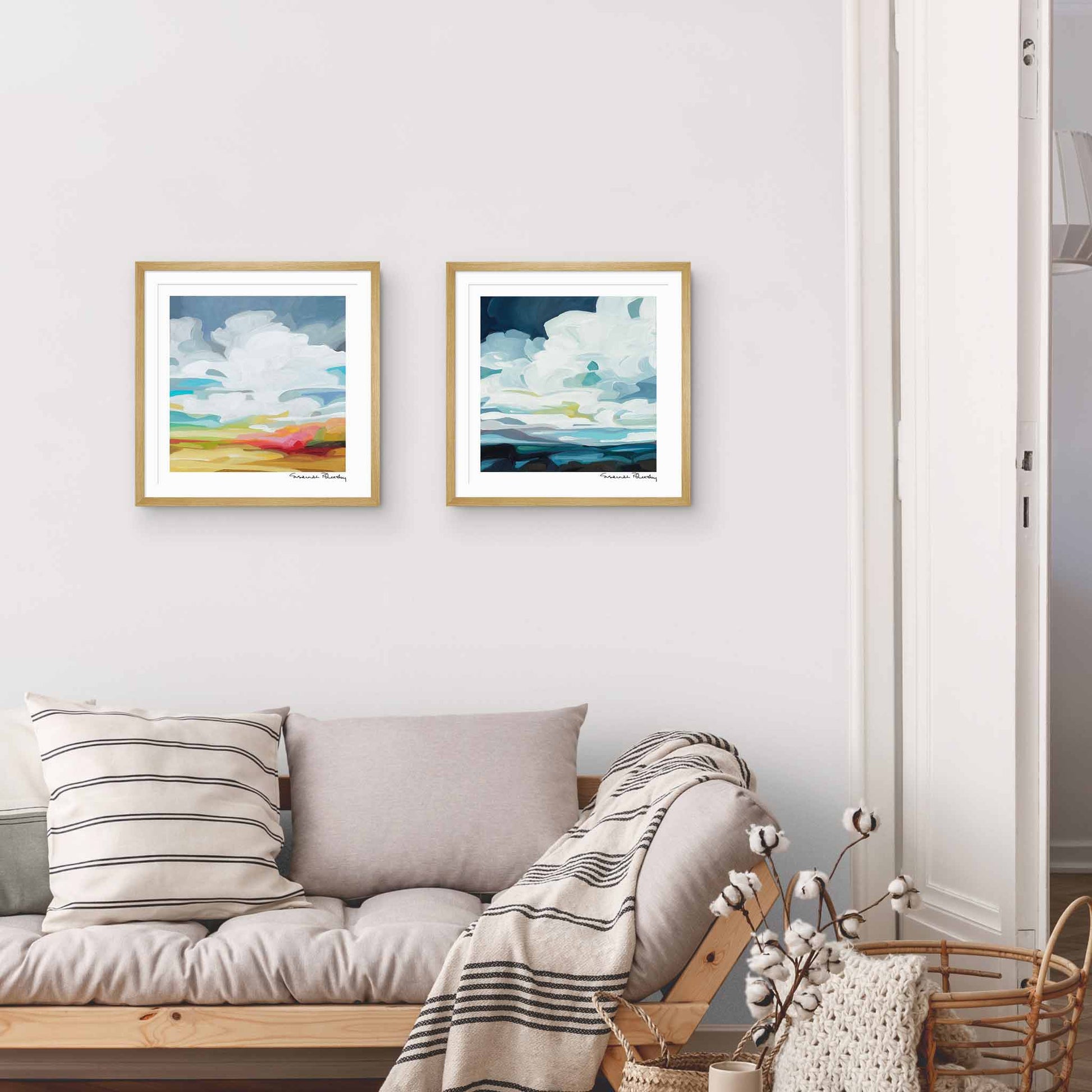 art print of abstract coastal painting and vast blue and white sky