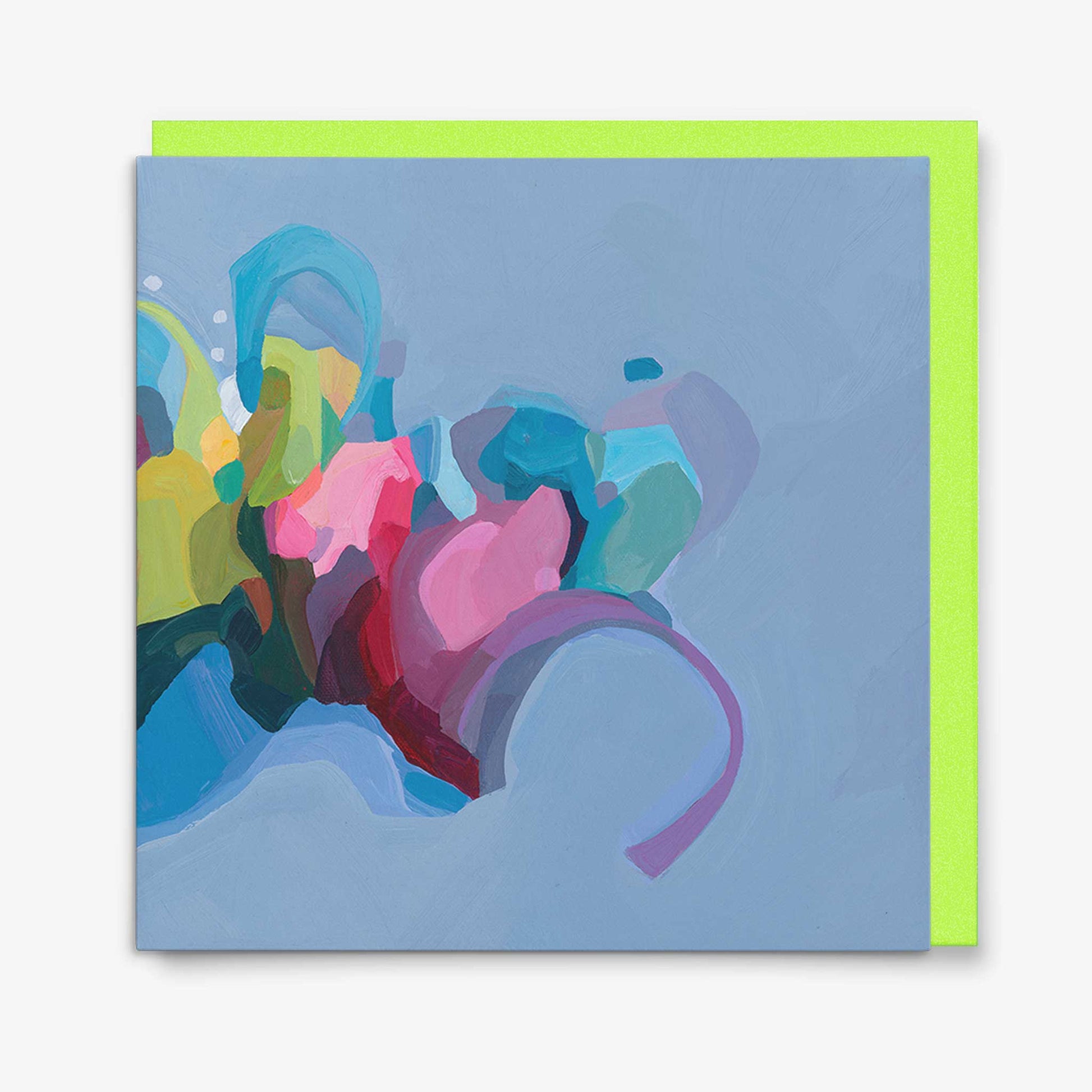 blue periwinkle abstract art greeting card with lime green envelope