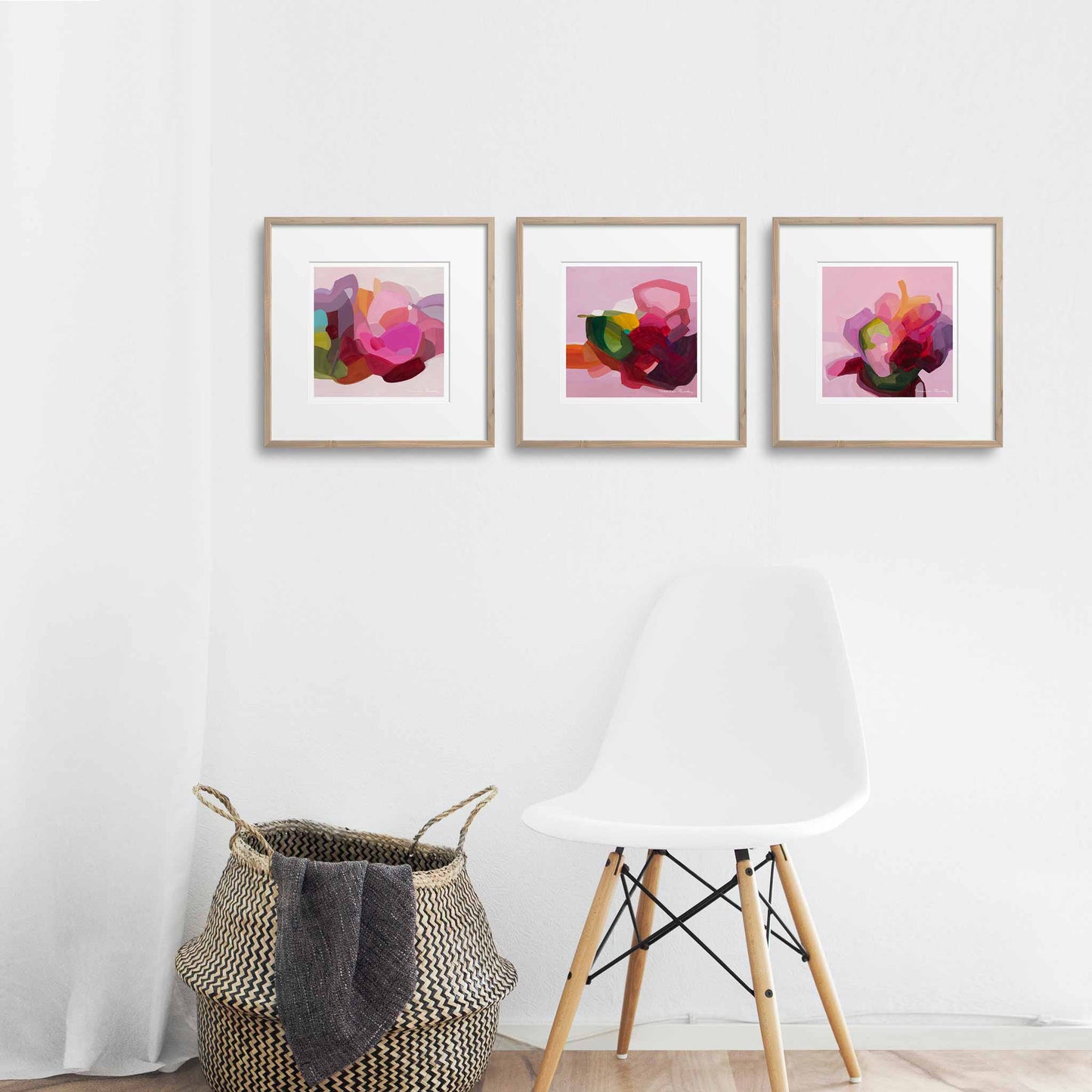 pink abstract art prints gallery wall