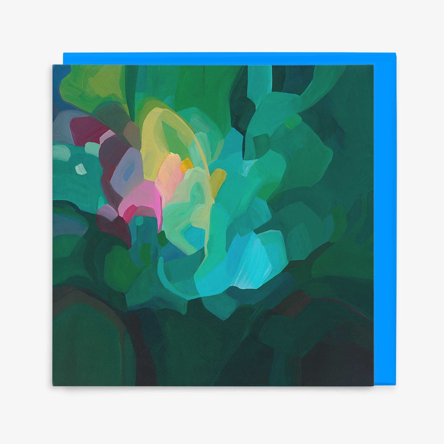 Emerald green abstract art greeting card with bright blue envelope