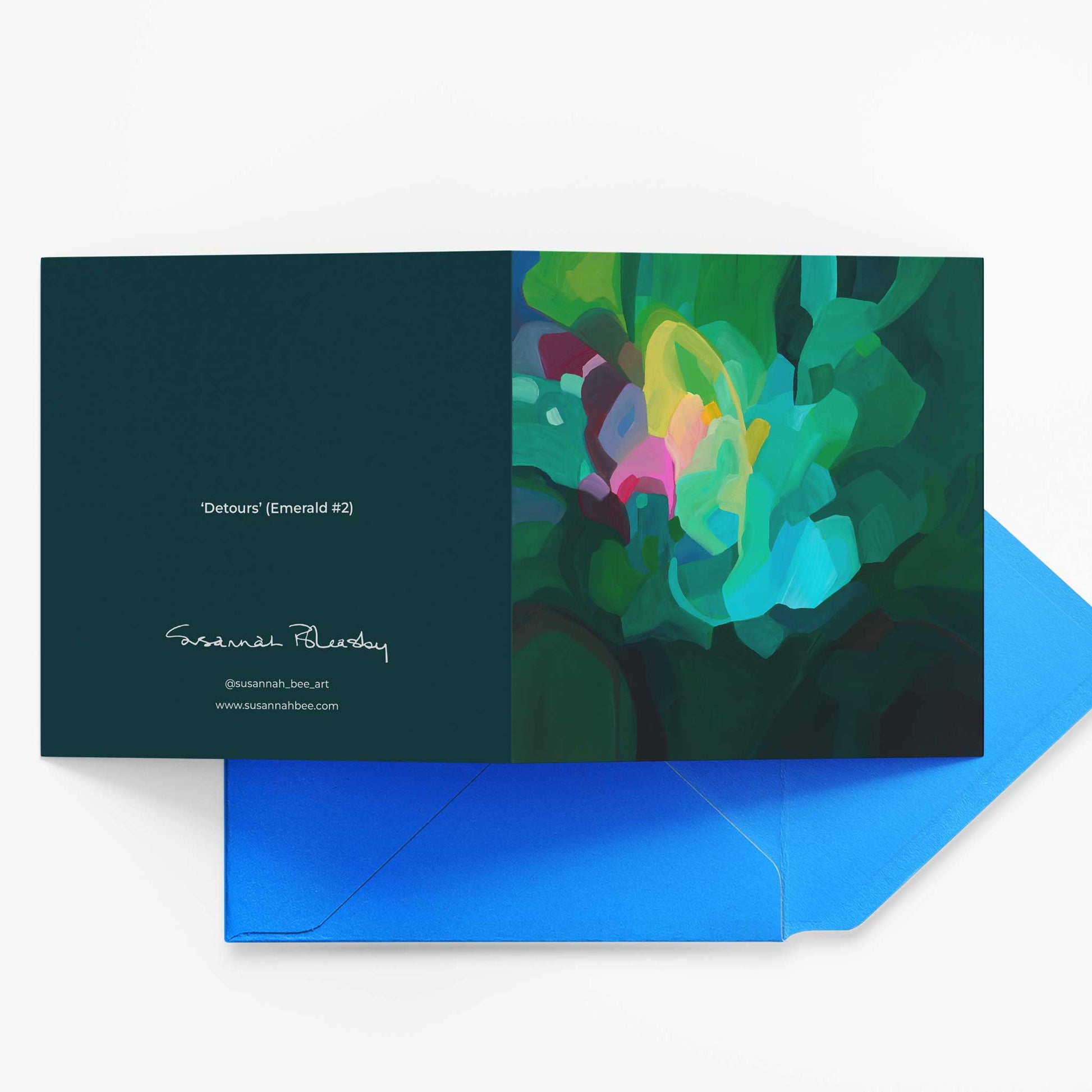 Emerald green abstract greeting card UK paired with bright blue envelope