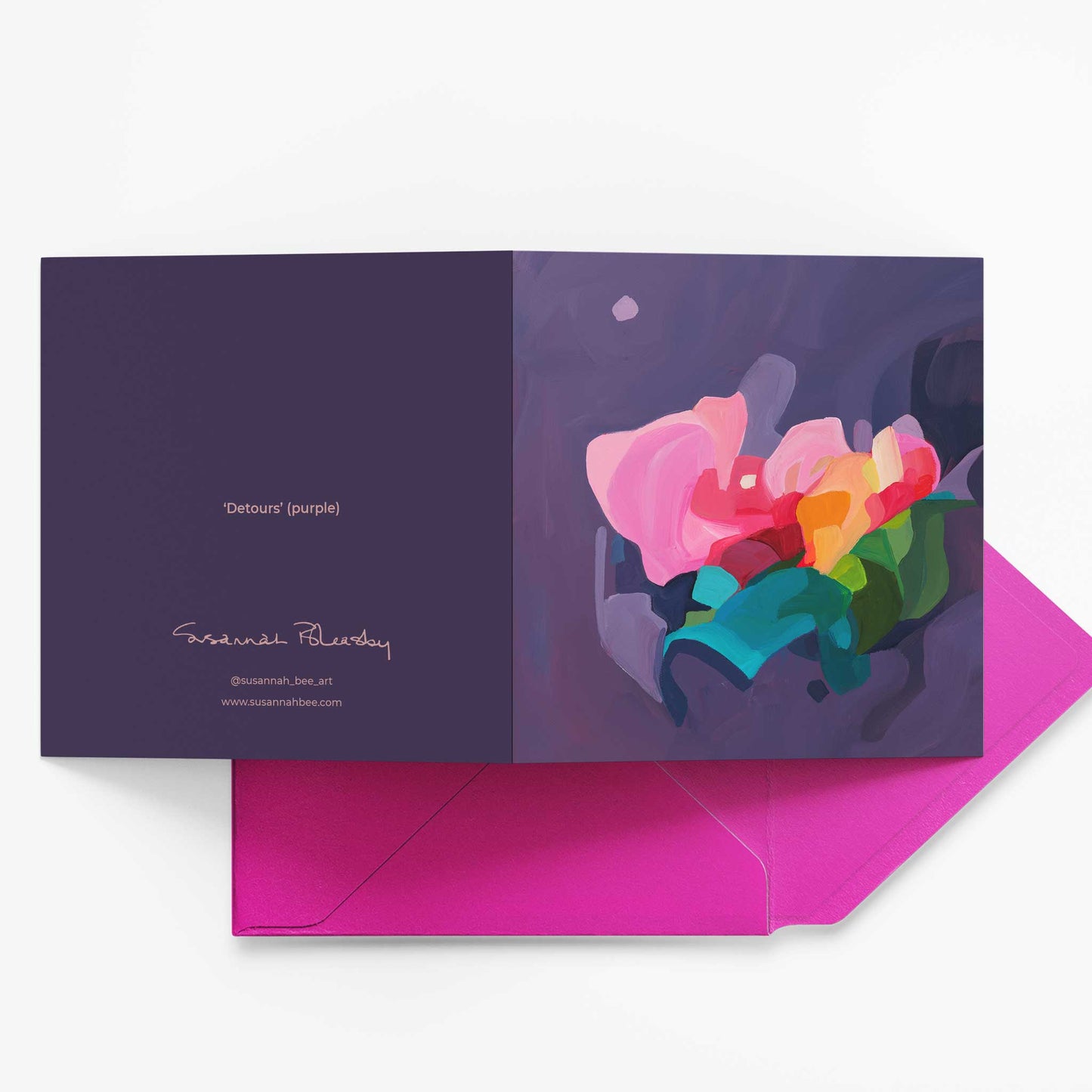 purple abstract greeting card UK with fuschia envelope
