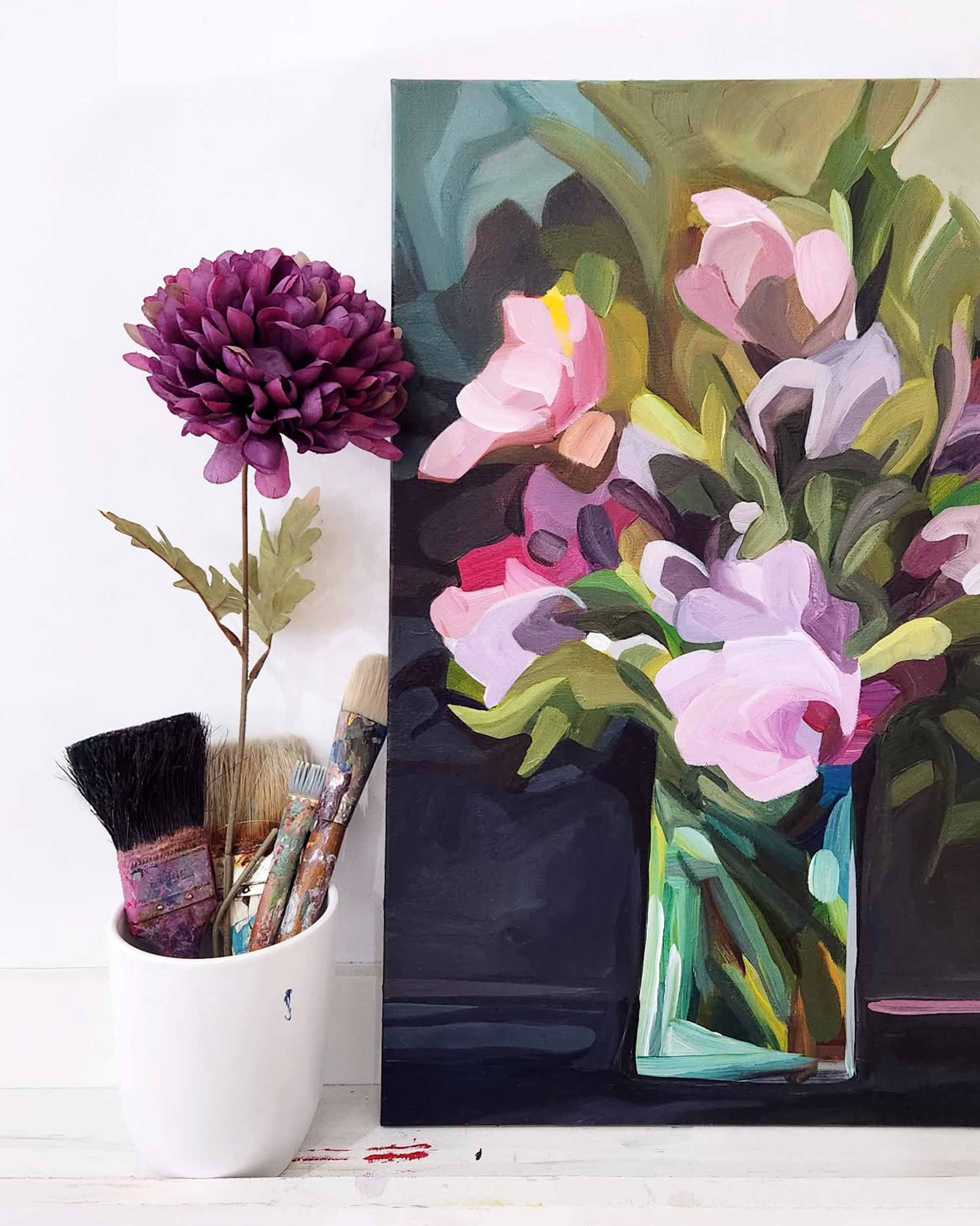 original painting of purple flowers in a vase