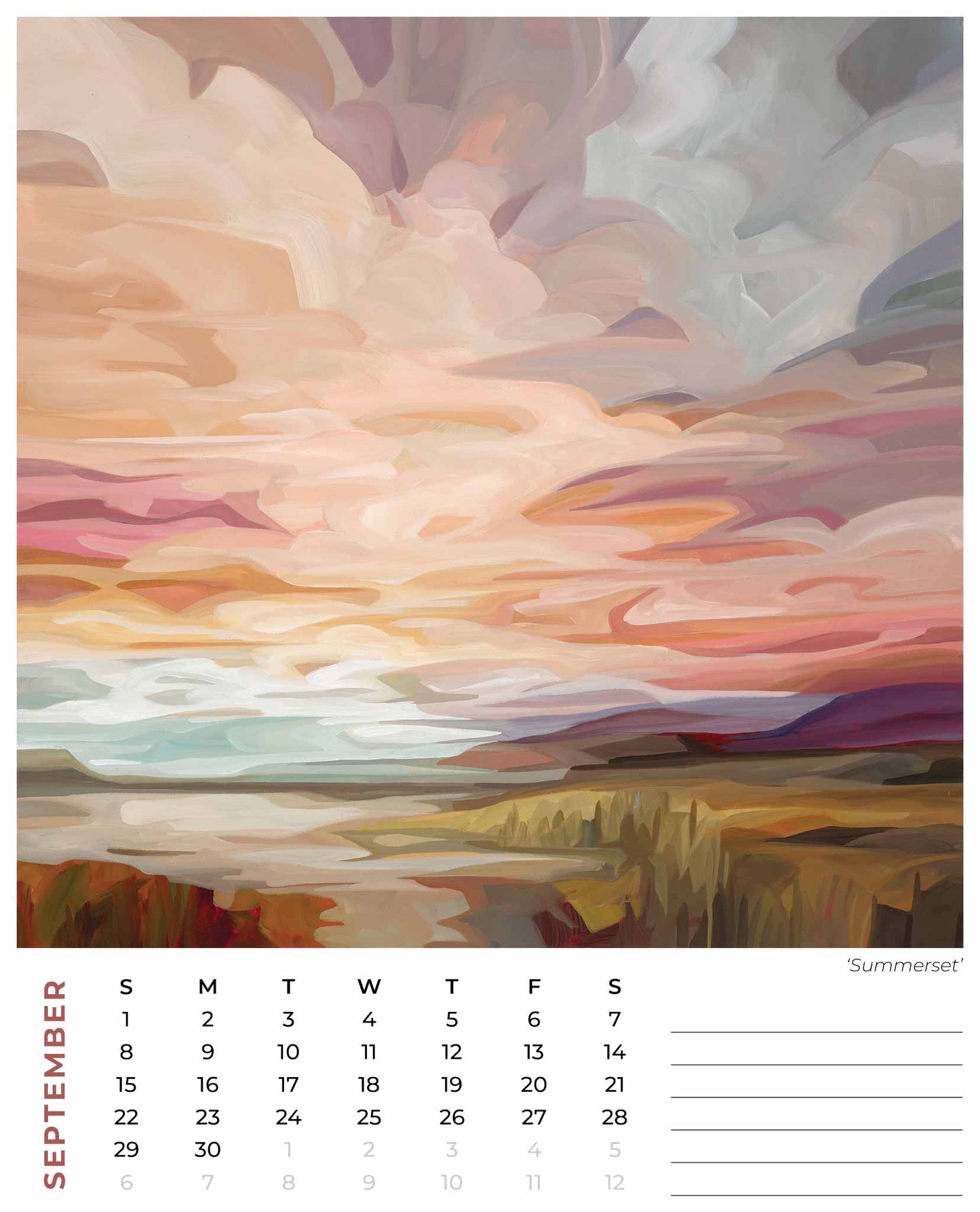 september 2024 monthly calendar for wall by Canadian artist Susannah Bleasby