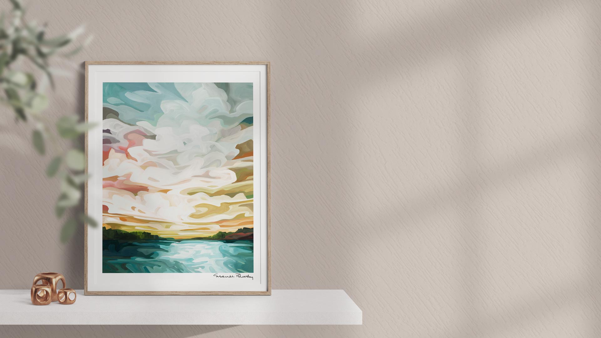 Vertical wall art print of abstract acrylic sky painting
