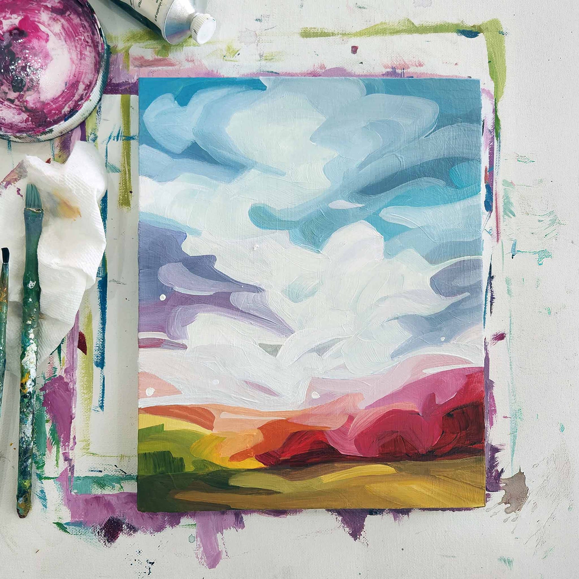 small rainbow painting on wood board 8x10