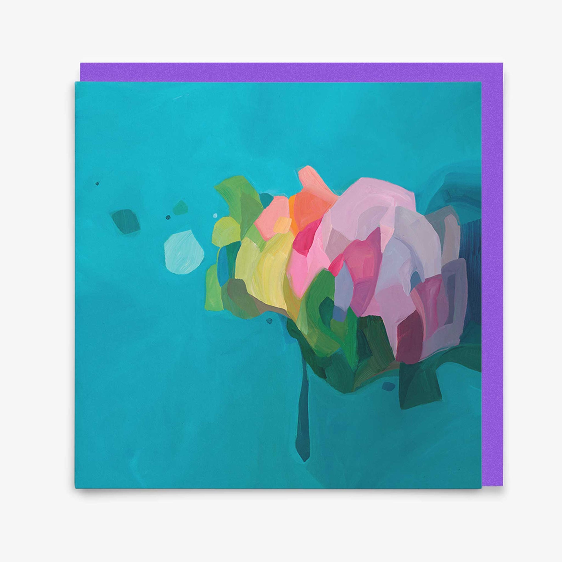 vibrant turquoise abstract greeting card with purple envelope