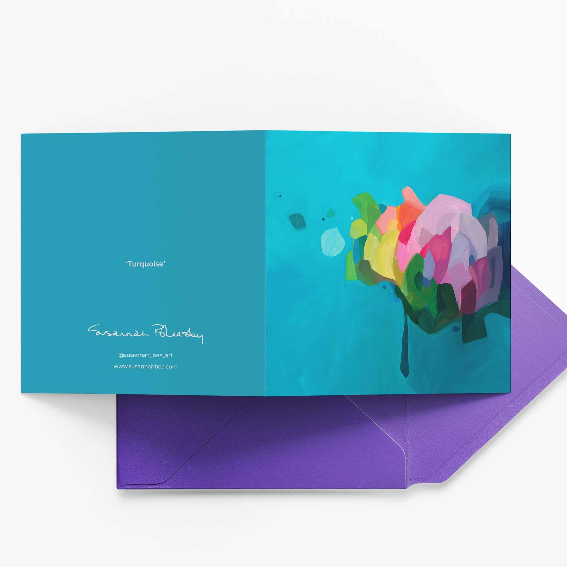 blank turquoise art greeting card UK paired with purple envelope