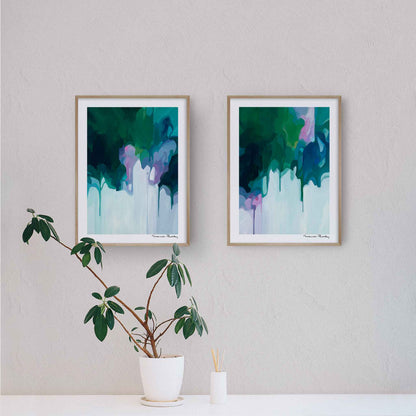 wall art set of blue and green abstract acrylic painting art prints side by side