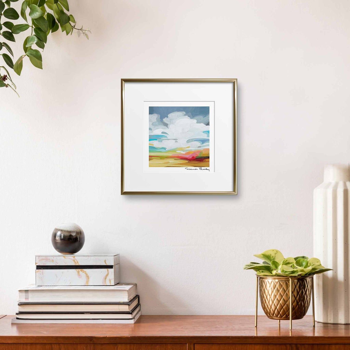 Framed 10x10 wall art of golden sunset painting by Canadian abstract artist Susannah Bleasby