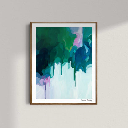 vertical abstract art print created from blue and green abstract acryl,ic painting