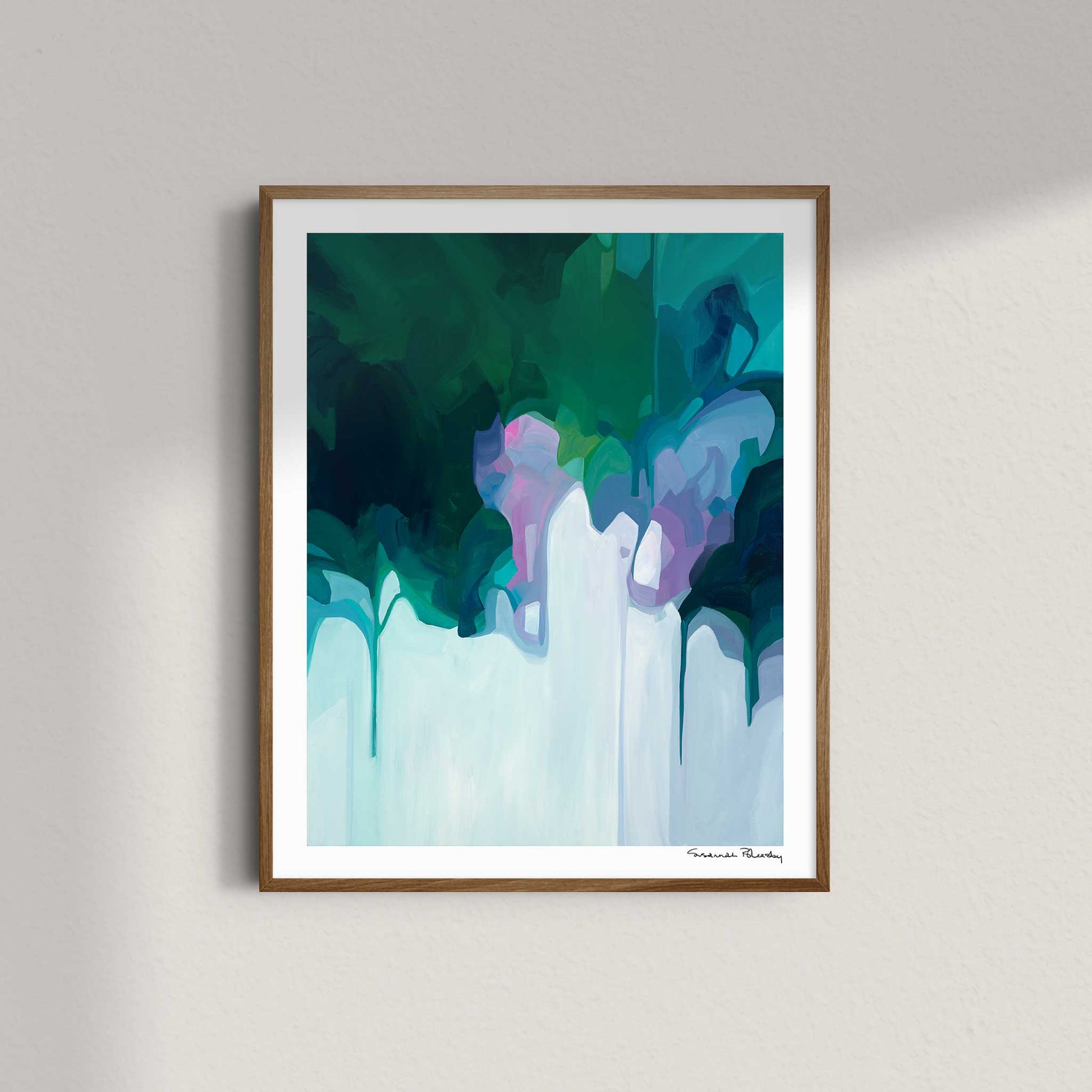 blue green abstract artwork in 16x20 walnut frame
