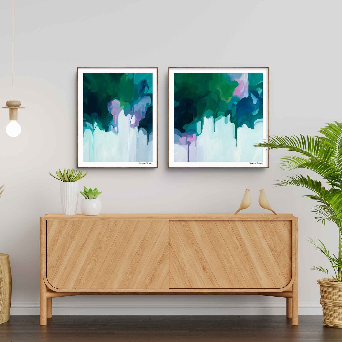 wall art set of two blue and green abstract art prints over sideboard