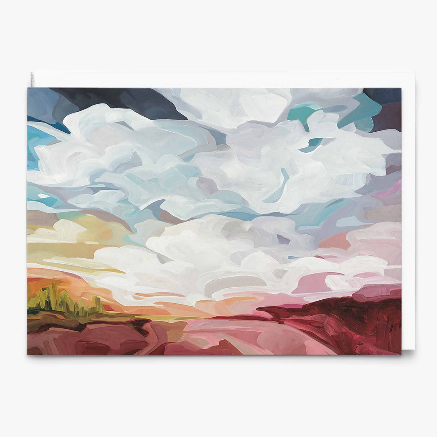 Abstract landscape art card with dramatic blue sky and red earth