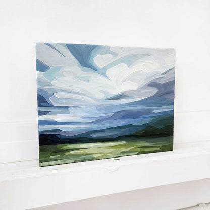Contemporary blue sky landscape painting with expressive clouds and peaceful movement