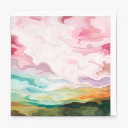 Contemporary abstract sky greeting card featuring pastel clouds, swirling brushstrokes, and joyful spring sunrise colours