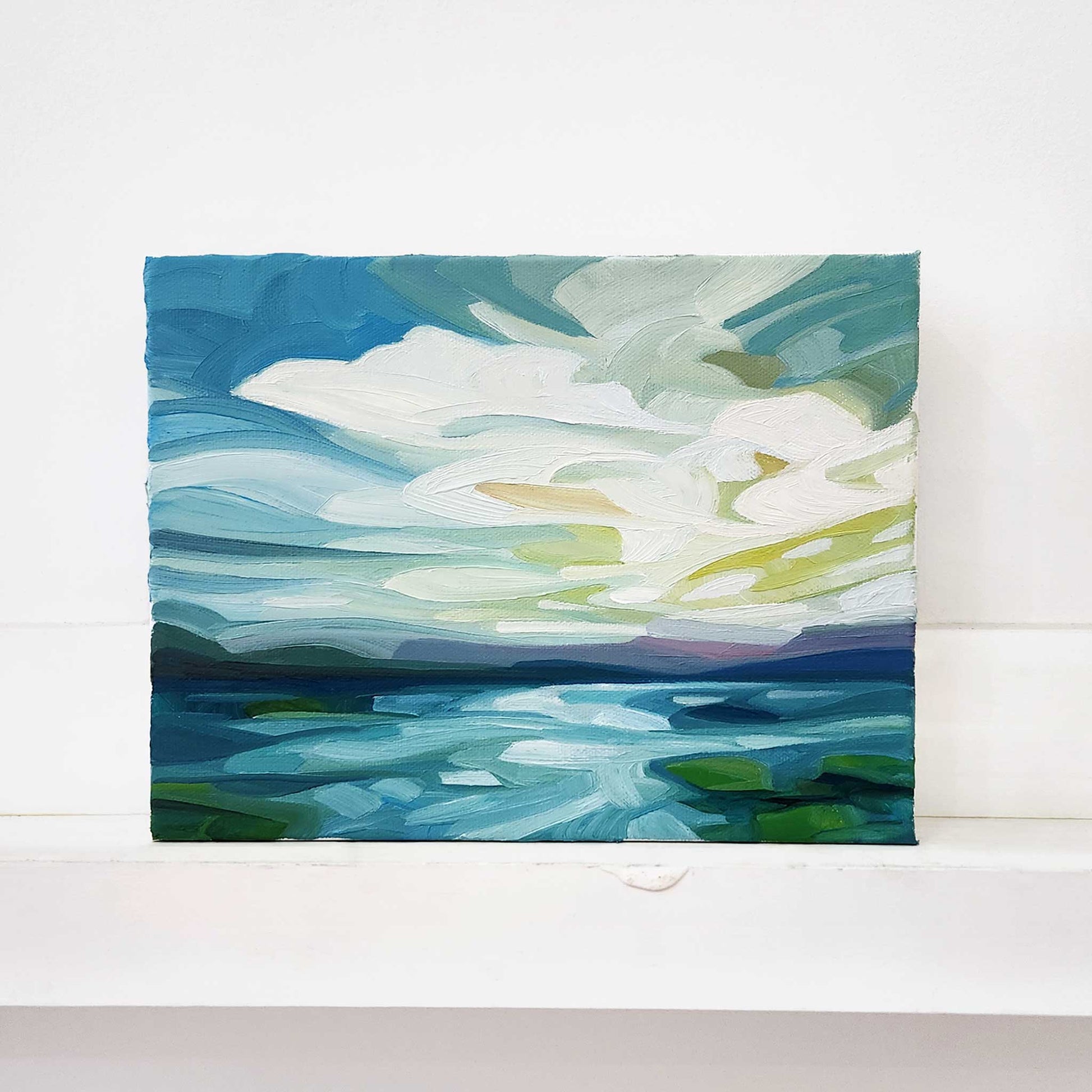 Abstract oil painting inspired by a coastal landscape and expansive shoreline skies.
