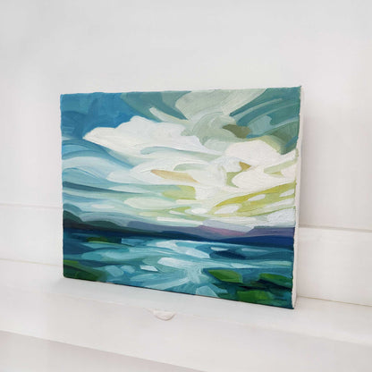 Abstract coastal oil painting inspired by shoreline light and sea views.