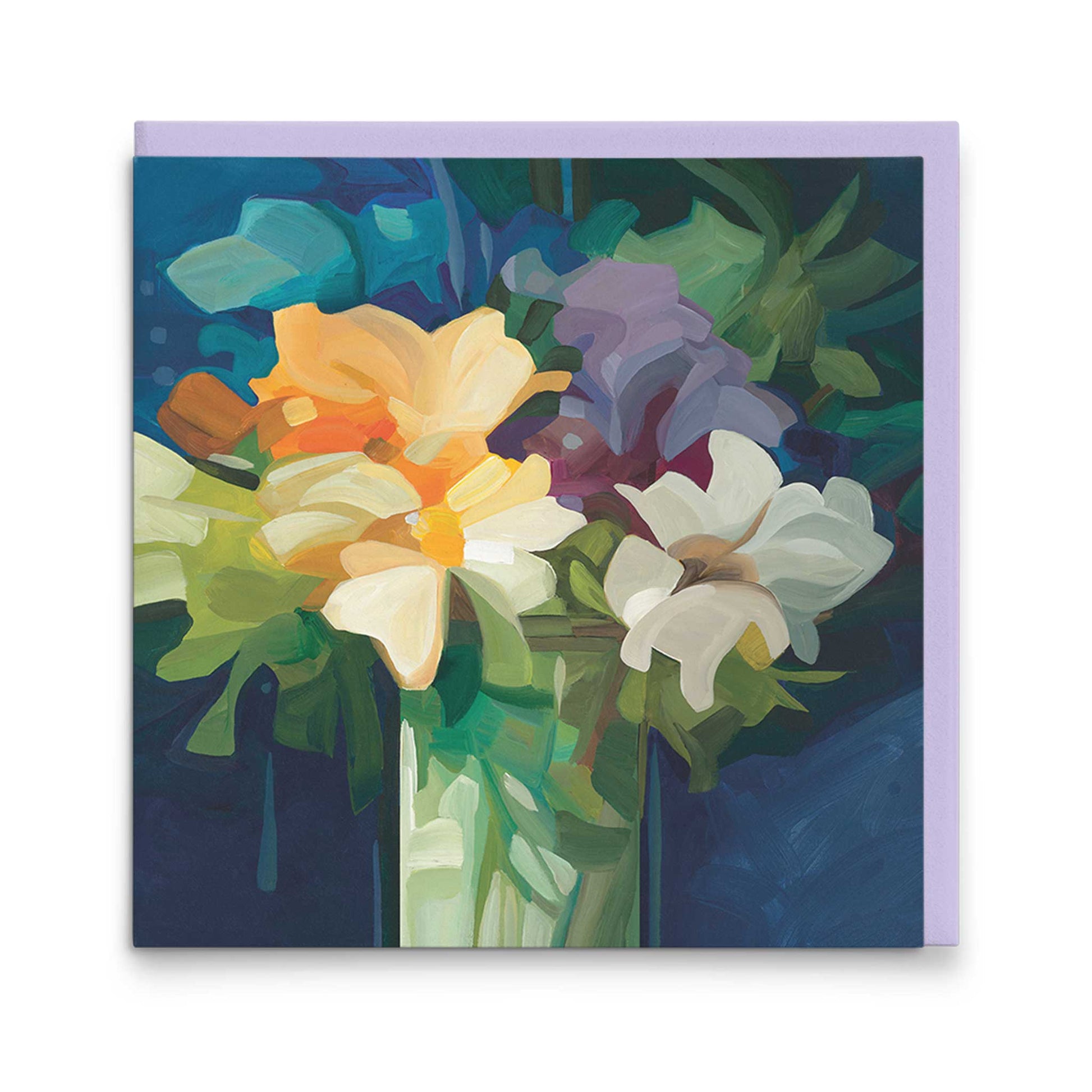 bright abstract floral art card with yellow blooms on blue background
