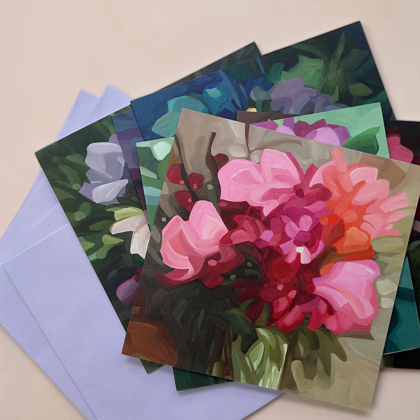 set of wildflower art cards with lilac envelopes