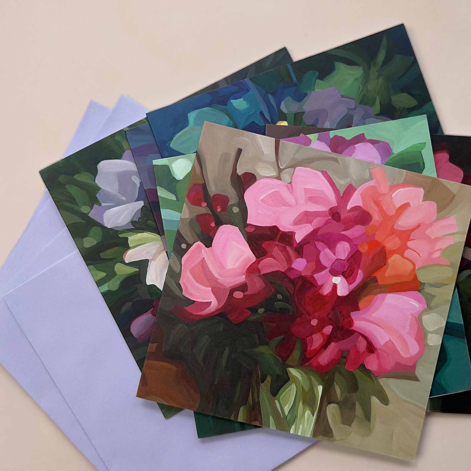 set of wildflower art cards with lilac envelopes