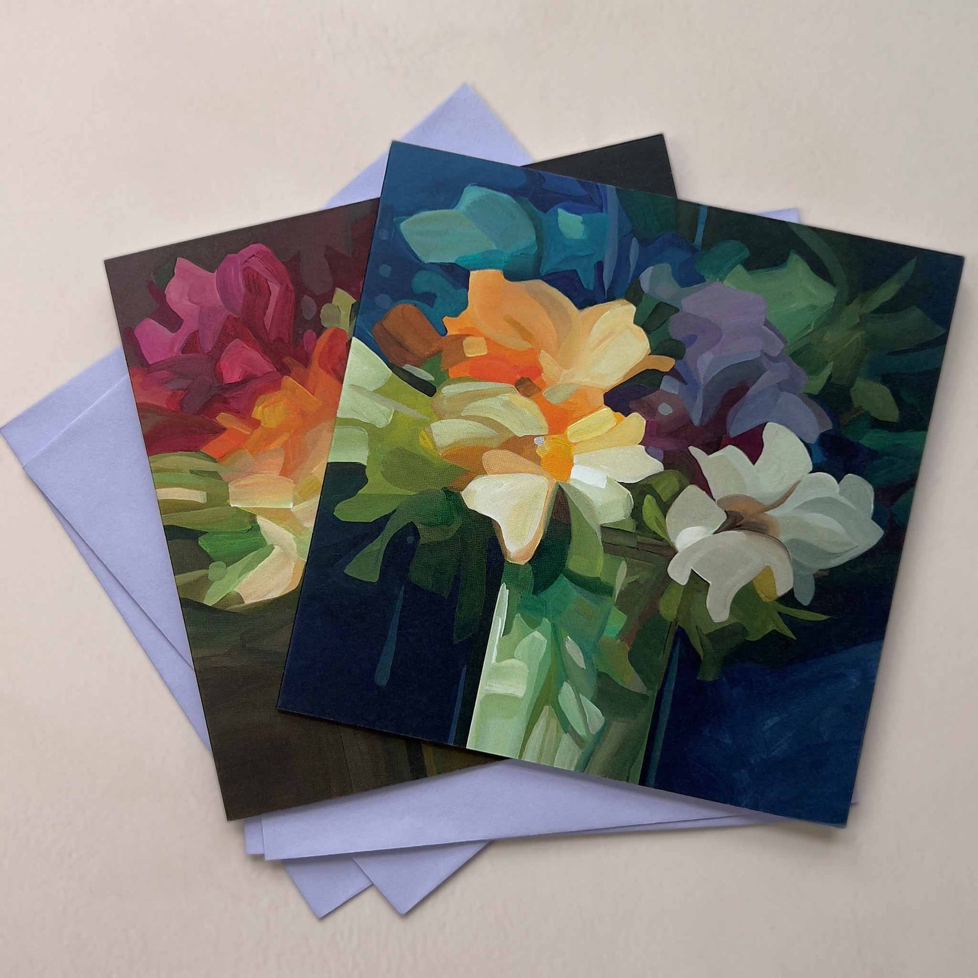 abstract floral art cards with lilac envelopes