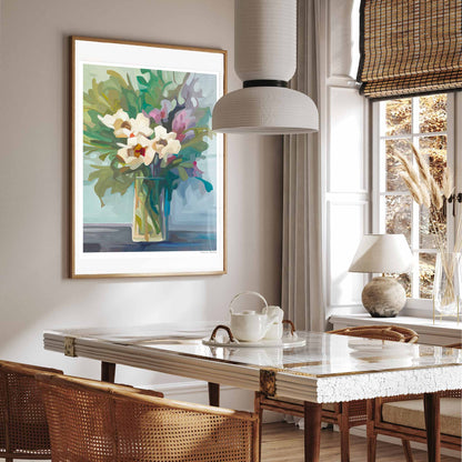 large vertical floral art print in dining room