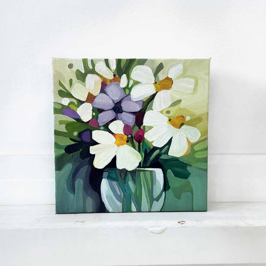 Small abstract floral painting of white flowers in a vase with green background