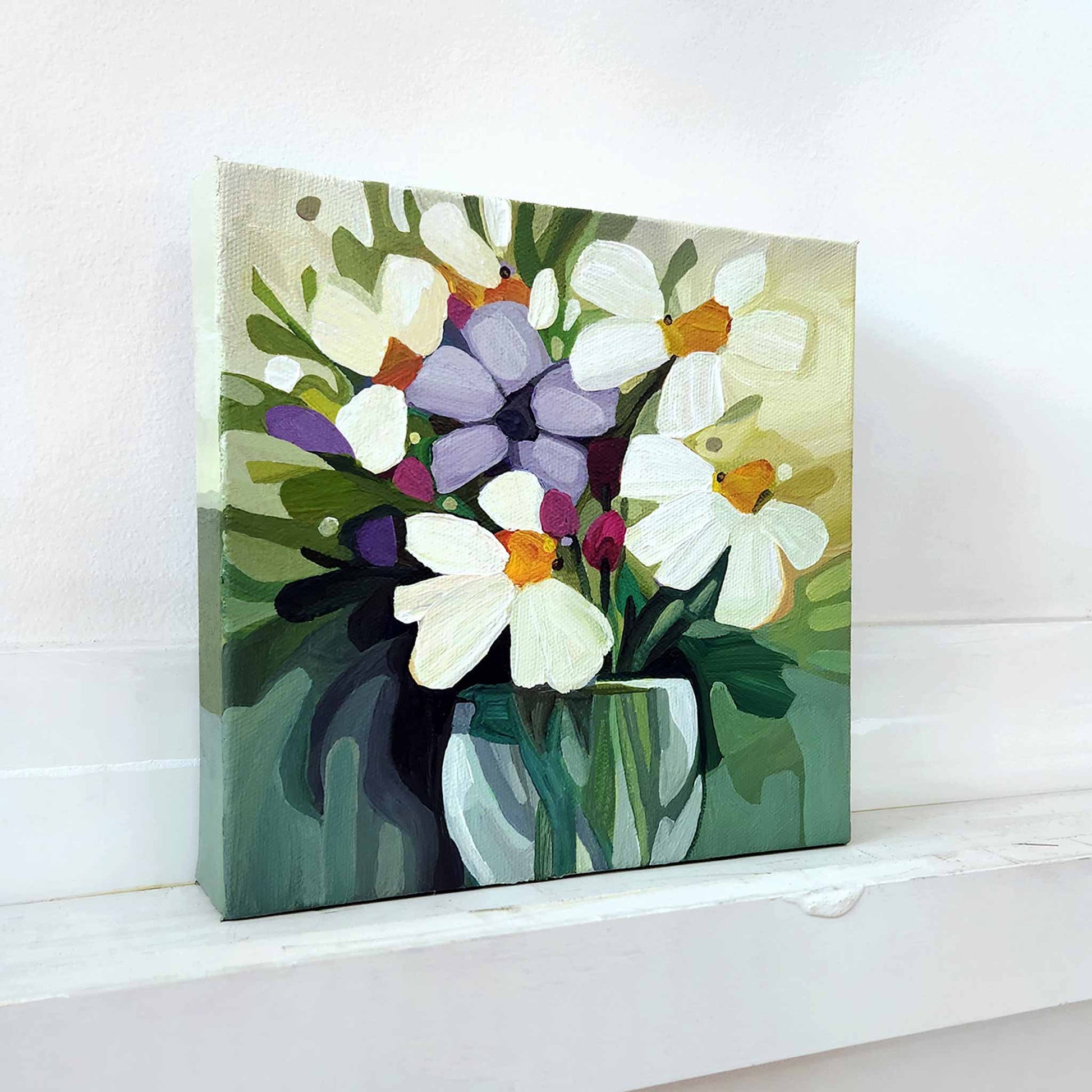 Original canvas artwork featuring white flower bouquet with foliage on green backdrop