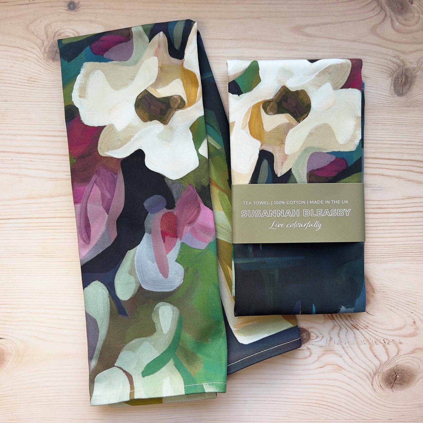 abstract floral cotton tea towels from Canadian artist Susannah Bleasby