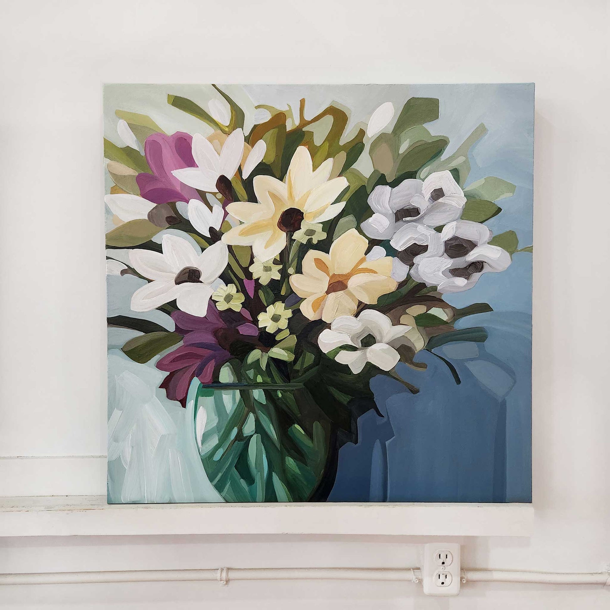 Abstract floral painting with soft spring colours and airy composition