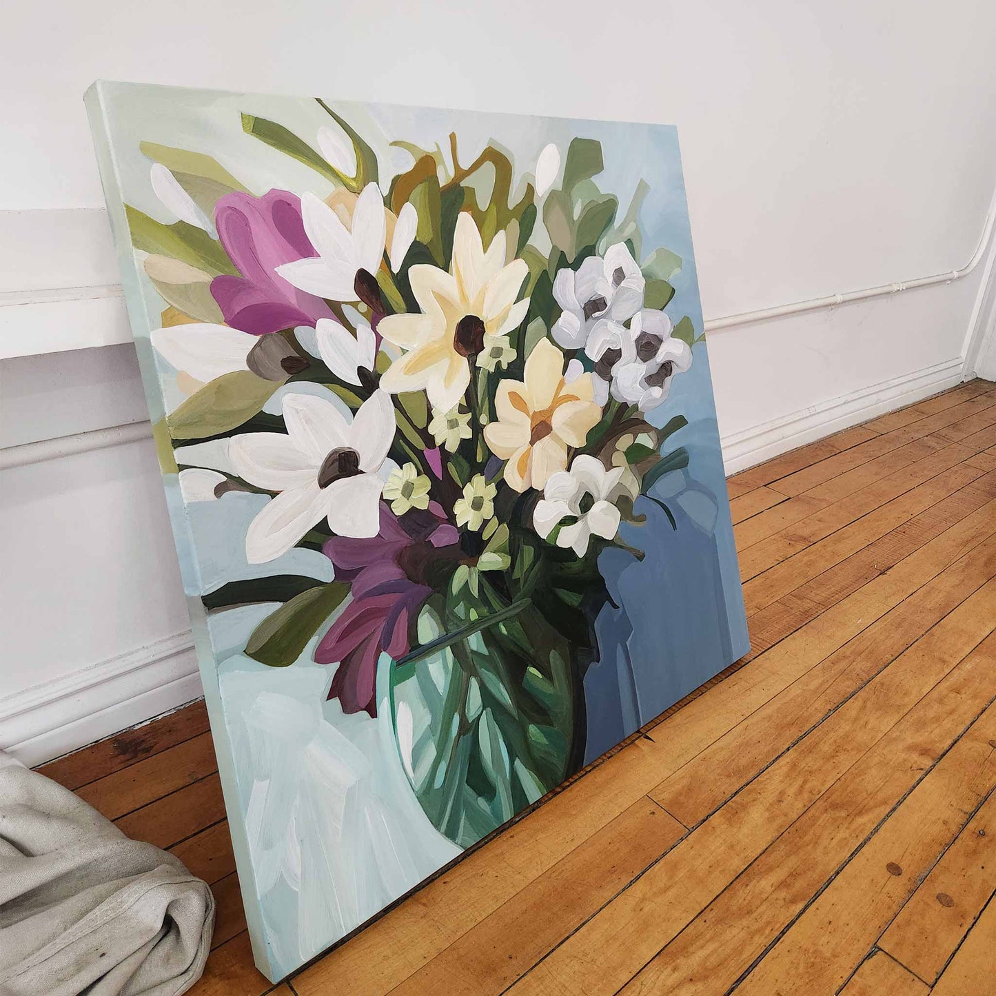 large abstract floral painting inspired by spring garden with soft colours and organic shapes