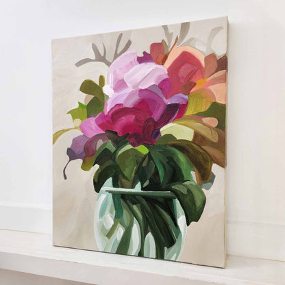 Vibrant abstract bouquet painting in juicy pinks and bold brushstrokes