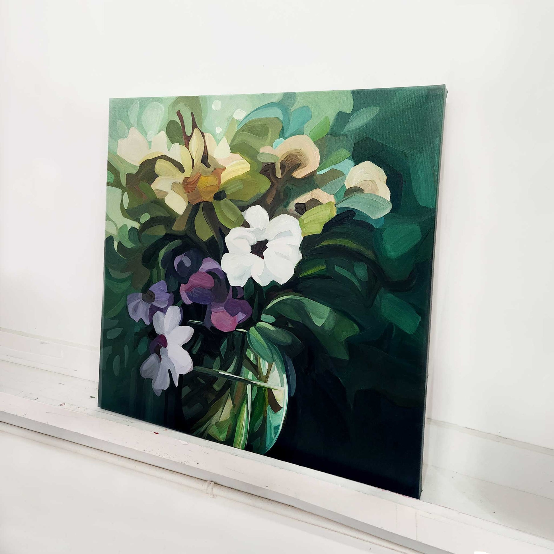 Original abstract floral painting in deep green tones with layered colour and soft movement