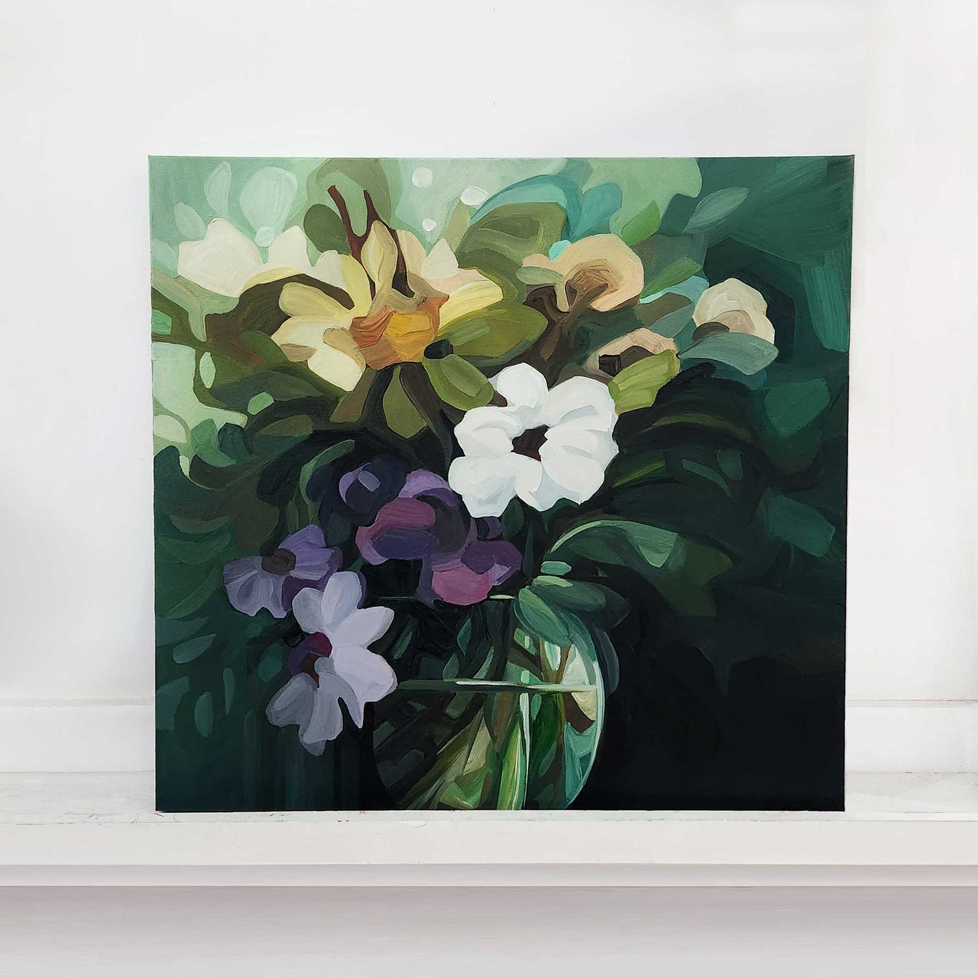 Abstract floral painting with rich green palette and loose, expressive brushstrokes