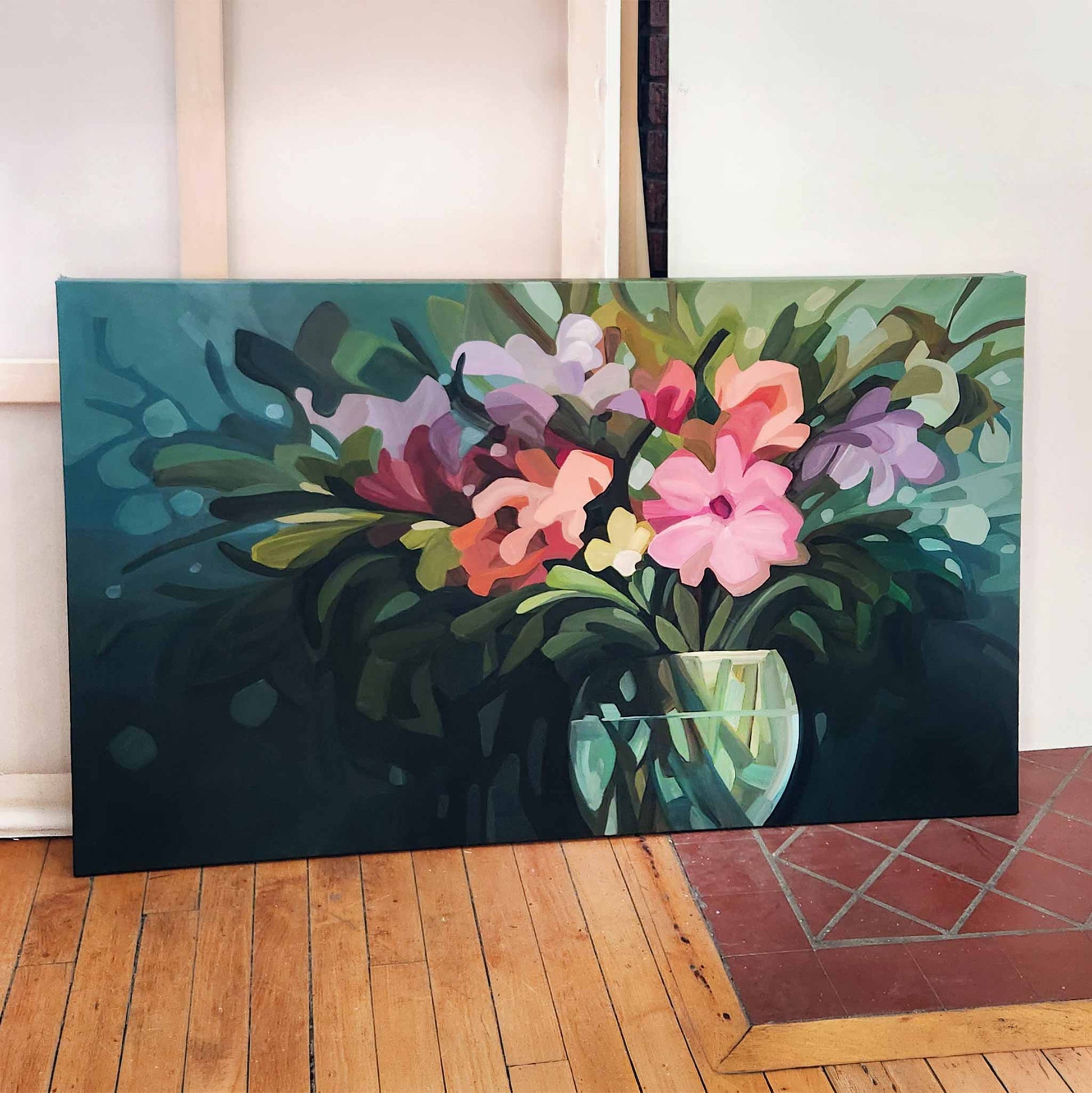 Contemporary abstract floral artwork in landscape format with vibrant colour and movement
