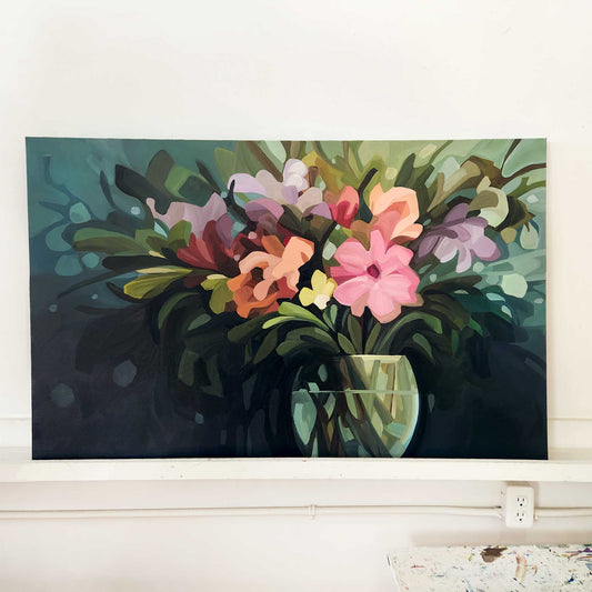 Original horizontal abstract floral painting with tropical palette and flowing shapes