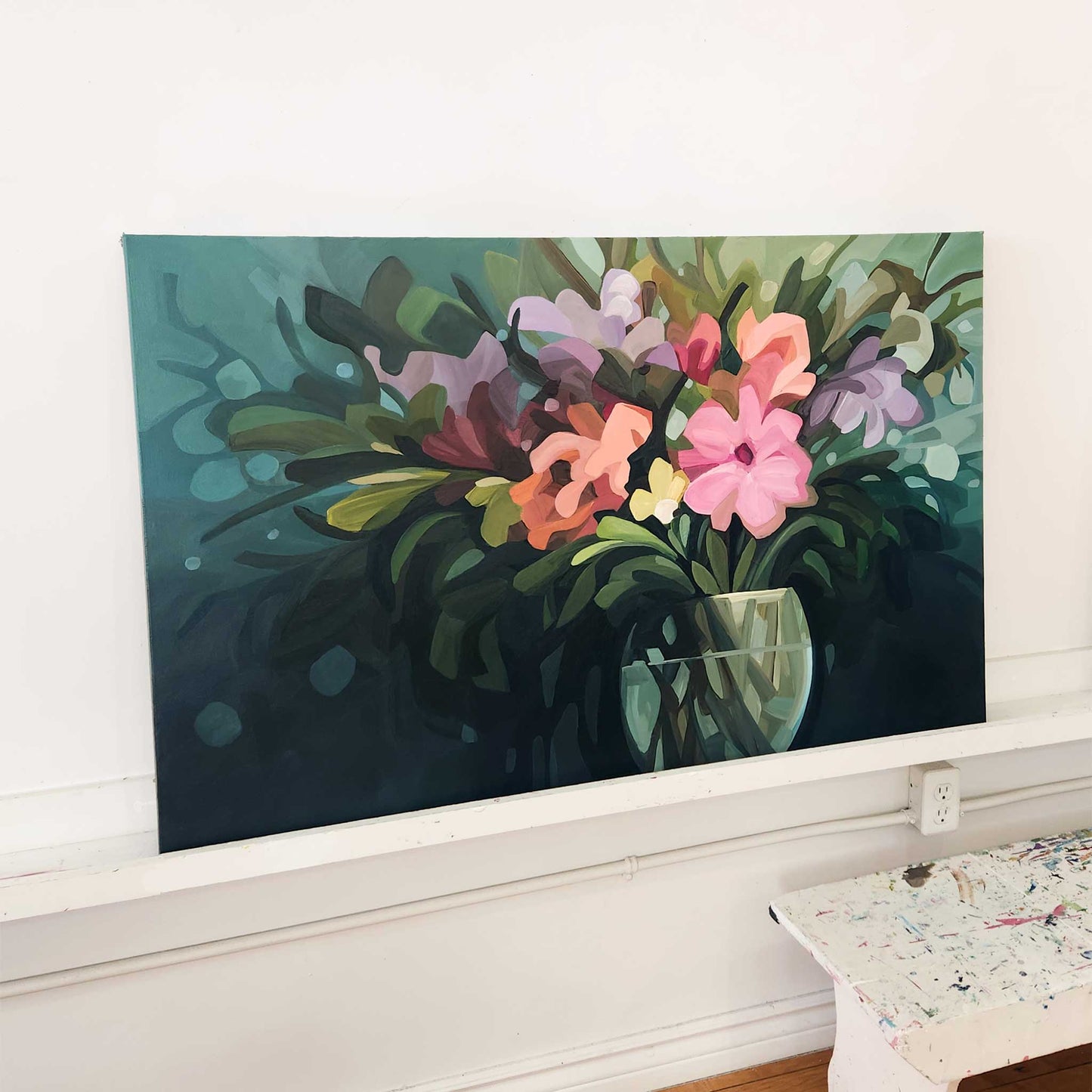 Horizontal abstract floral painting with tropical colours and flowing composition