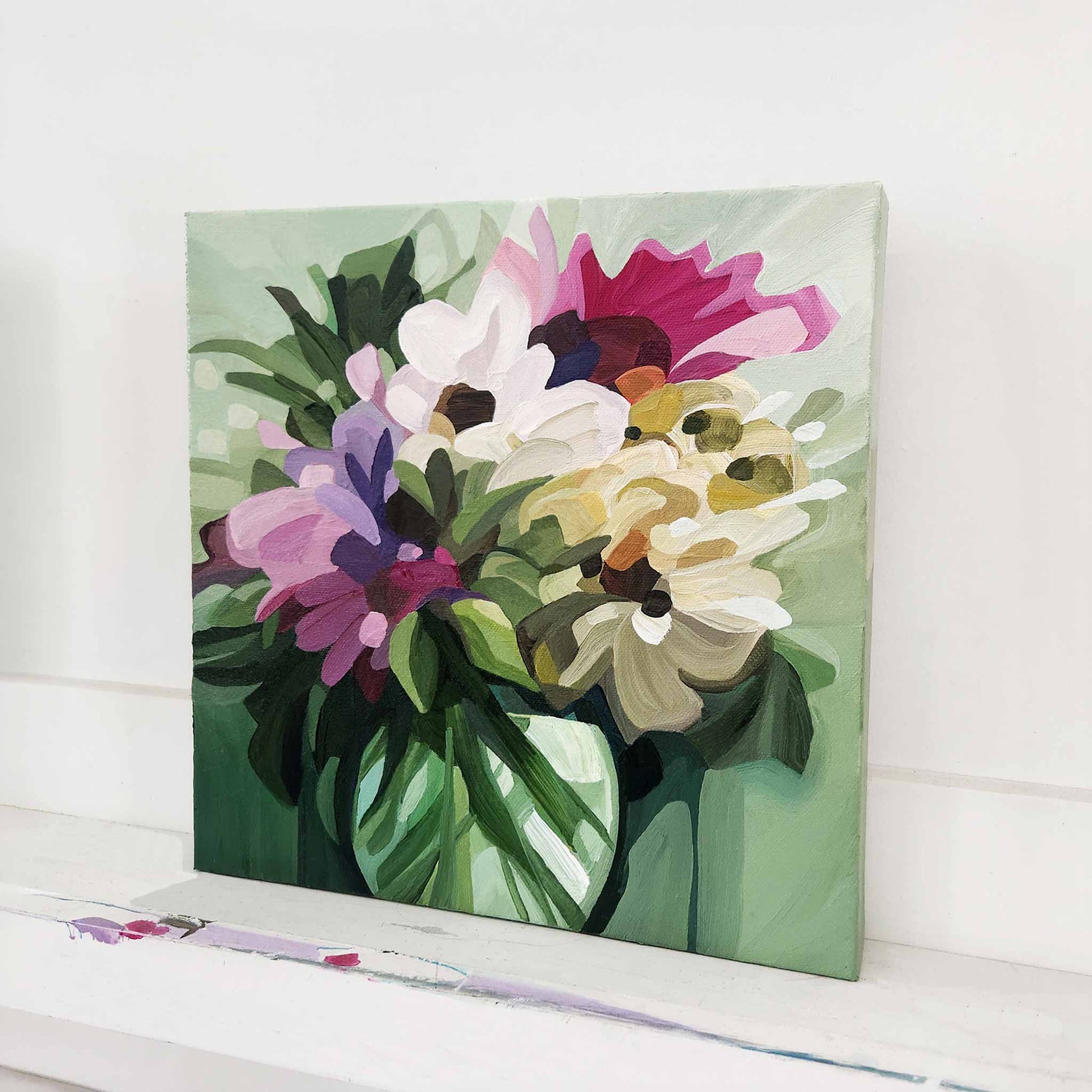 Original square floral artwork with bright blooms and soft green backdrop