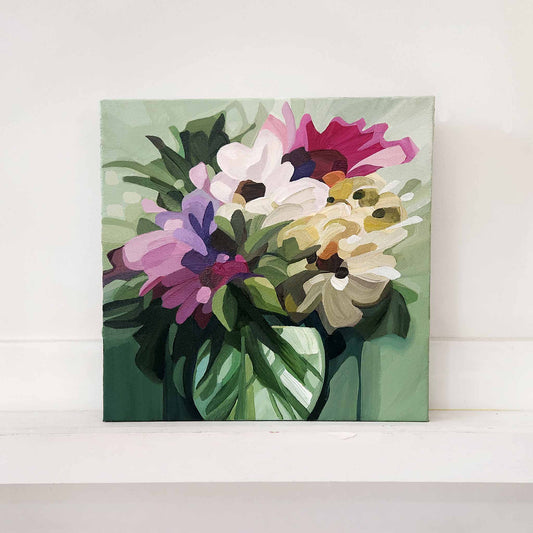 Abstract floral painting on canvas with colourful bouquet on light green background