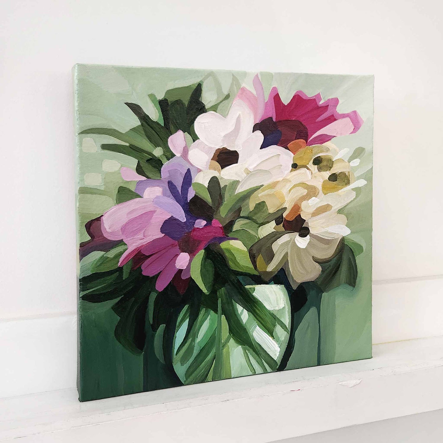 Contemporary abstract flower painting with vibrant bouquet on light green